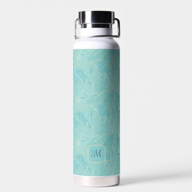 Bouteille D'eau Palme tropicale bleu clair motif feuille (Arrière)