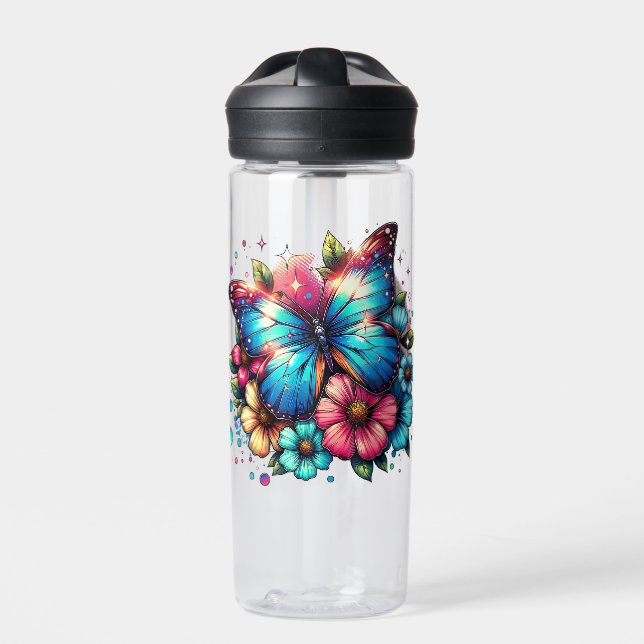 Bouteille D'eau Papillon bleu et fleurs roses Personnalisé (Extérieur)