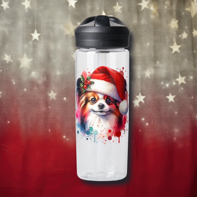 Bouteille D'eau Papillon Chien à Santa Hat Noël Personnalisé (Créateur téléchargé)
