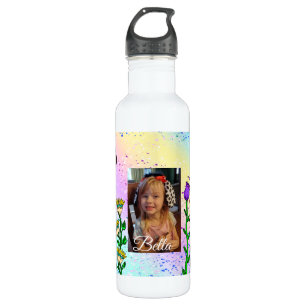 Bouteille D'eau Papillon personnalisé et fleurs Photo et nom