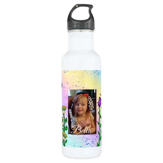 Bouteille D'eau Papillon personnalisé et fleurs Photo et nom (Devant)