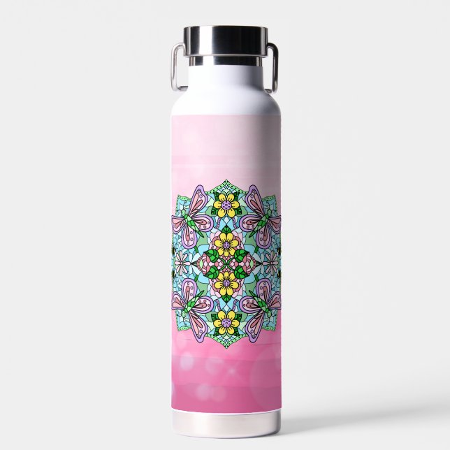 Bouteille D'eau Papillon rose Mandala main Whimsical tiré (Avant)