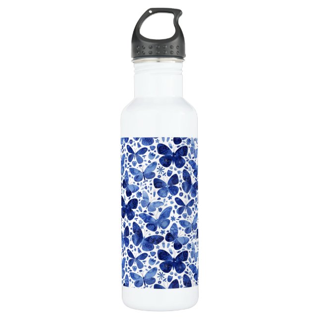 Bouteille D'eau Papillons Aquarelle Indigo Blue (Devant)