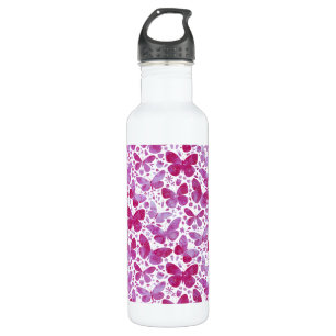 Bouteille D'eau Papillons Aquarelle Magenta Rose