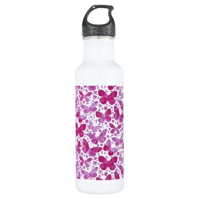 Bouteille D'eau Papillons Aquarelle Magenta Rose (Devant)