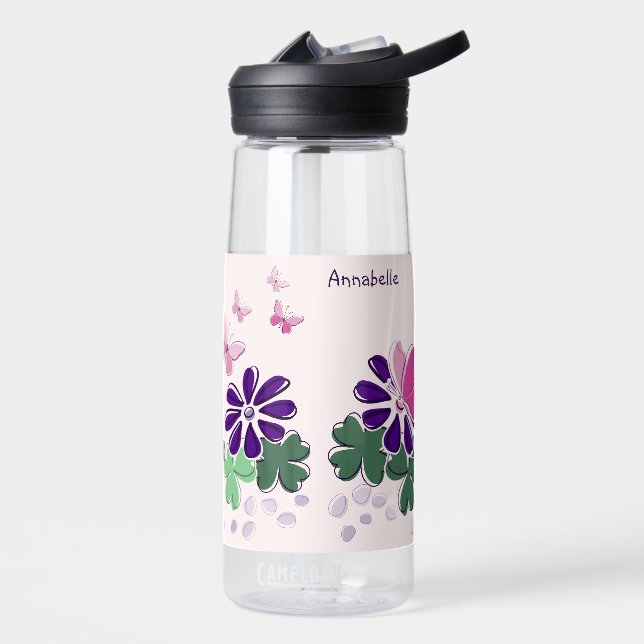 Bouteille D'eau Papillons aux fleurs mignons Nom du Doodle (Gauche)