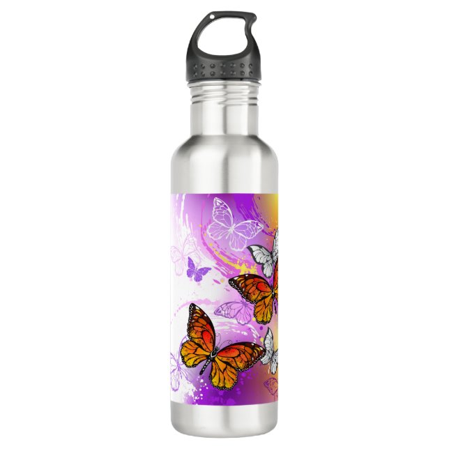Bouteille D'eau Papillons Monarque sur Arrière - plan pourpre (Devant)