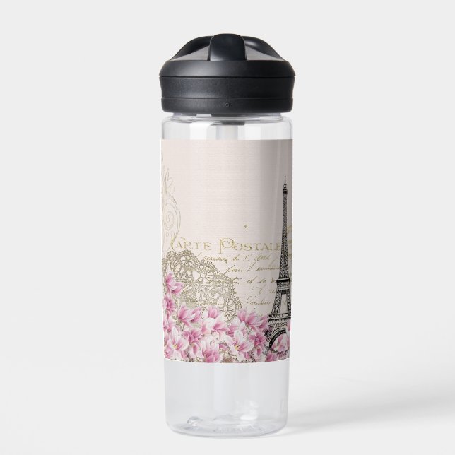 Bouteille D'eau Paris France Tour Eiffel avec Fleurs Roses (Extérieur)