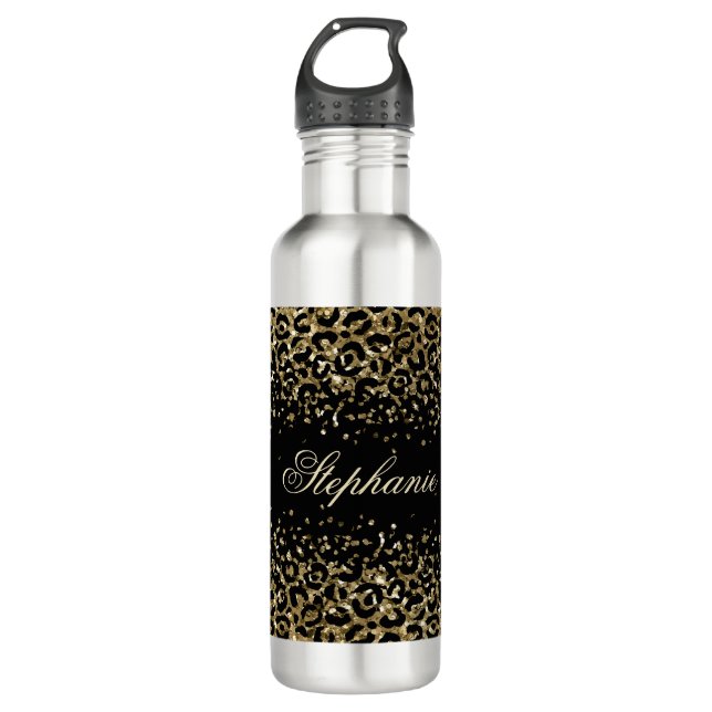 Bouteille D'eau Parties scintillant Empreinte de léopard noir Mono (Devant)
