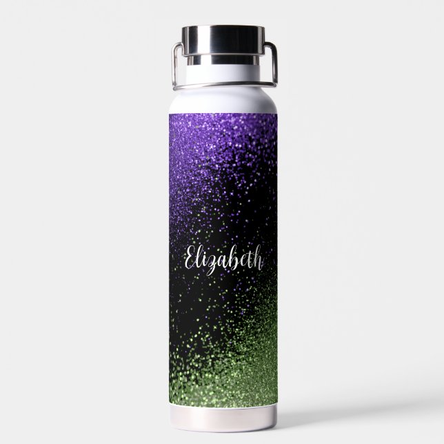 Bouteille D'eau Parties scintillant violet et verte sur noir (Arrière)