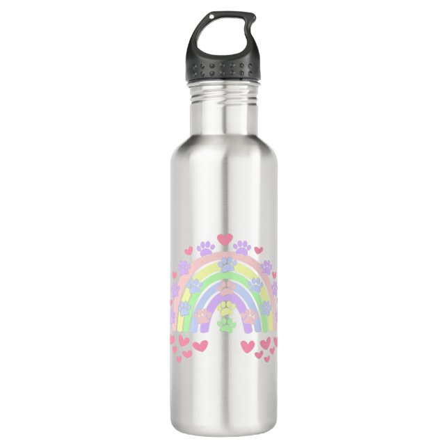 Bouteille D'eau Pastel Rainbow Hearts et Empreintes de pattes de c (Devant)