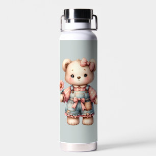 Bouteille D'eau Pastel Teddy Bear Holding Flower Wear Overalls