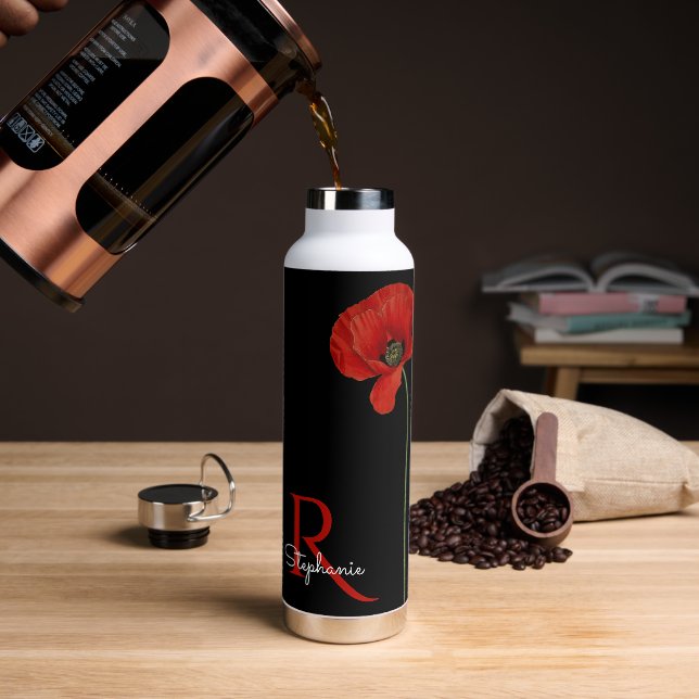 Bouteille D'eau Pavot rouge monogramme sur noir (Gym)