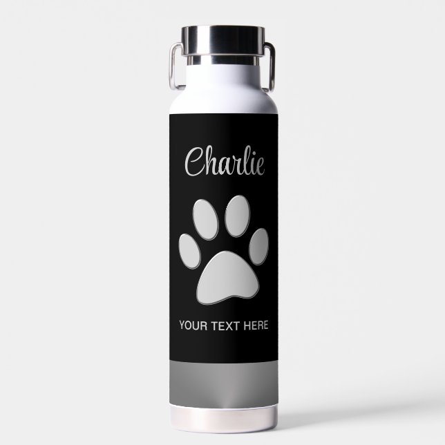 Bouteille D'eau Paw Chien Argent sur arrière - plan noir (Avant)