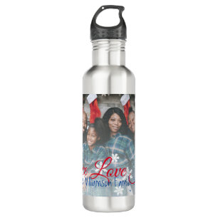 Bouteille D'eau Peace Love Jove Family Photo Red White Snowflake