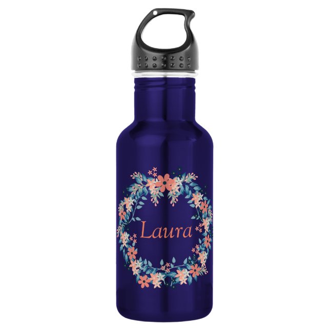 Bouteille D'eau Pêche et couronne de fleurs bleues (Devant)