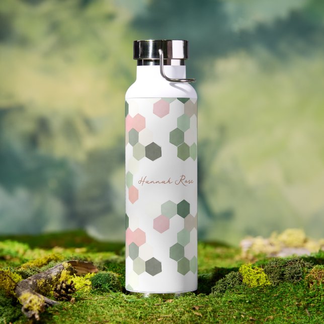 Bouteille D'eau Peigne géométrique rose et vert | Monogramme (Extérieur)