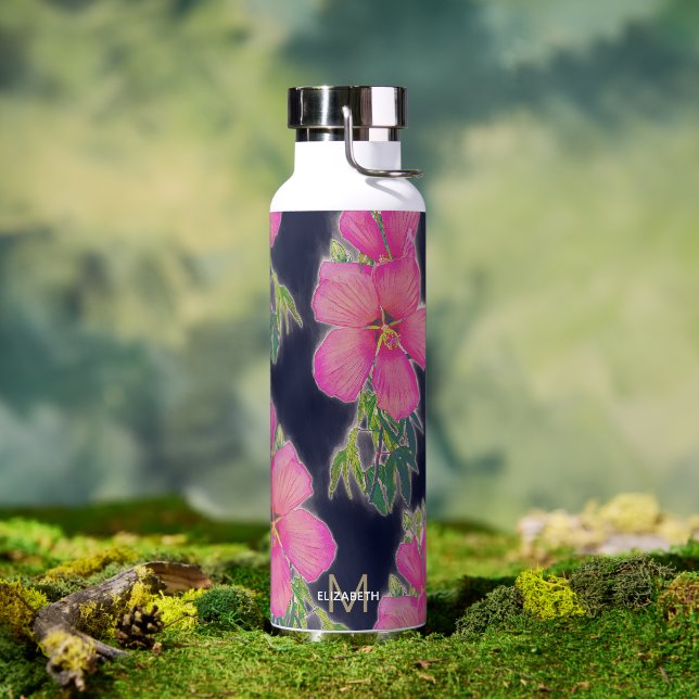 Bouteille D'eau Peinture tropicale bleu rose Hibiscus (Extérieur)
