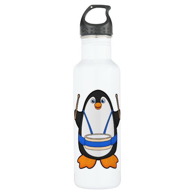 Bouteille D'eau Penguin comme musicien avec tambour (Devant)