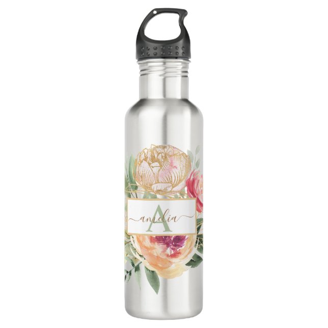 Bouteille D'eau Peony and Gold Flowers Nom du monogramme (Devant)