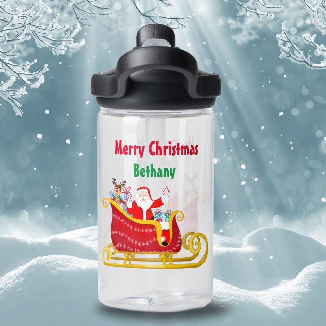 Bouteille D'eau Père Noël et Rudolph dans la sleigh de Noël Person (Children will adore this water bottle featuring Santa and Rudolph delivering gifts and candy cane ! )