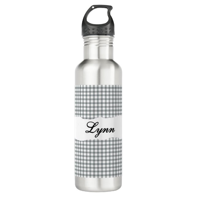 Bouteille D'eau Personalized Gray Gingham Pattern & Custom Name (Devant)