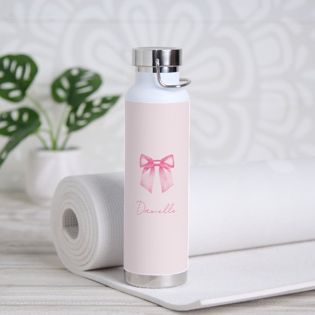Bouteille D'eau Personalized Modern Elegant Pink Bow Name (Yoga (pivoté))