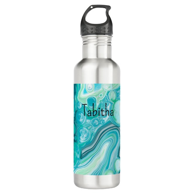 Bouteille D'eau Personnalisé Bleu, Turquoise Vagues de Mer Bulles (Devant)