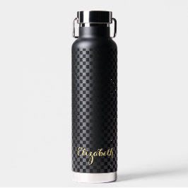 Bouteille D'eau Personnalisé Monogramme moderne Noir À damiers Mot