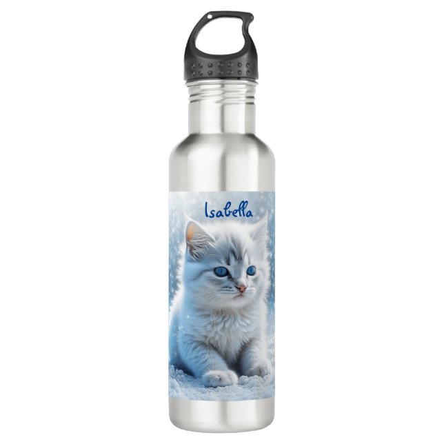 Bouteille D'eau Petit chaton blanc personnalisé en neige (Devant)