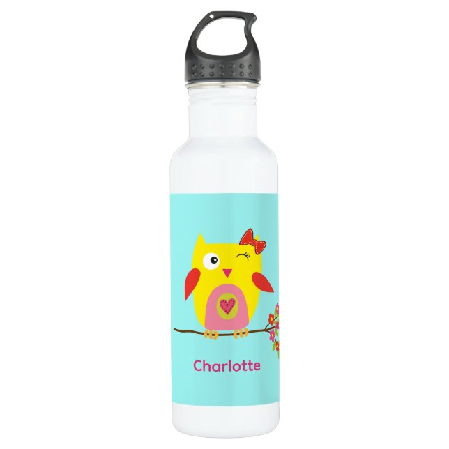 Bouteille D'eau Petite chouette Fleurs roses Enfants Personnalisés (Devant)