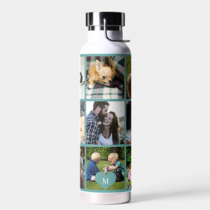 Bouteille D'eau Photo collage monogramme personnalisé vert moderne