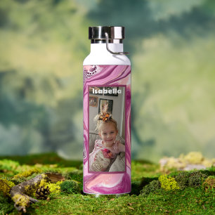 Bouteille D'eau Photo personnalisée et nom rose et magenta