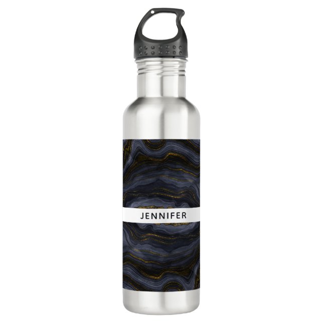 Bouteille D'eau Pierre d'Agate Noir & Or moderne Abstrait (Devant)