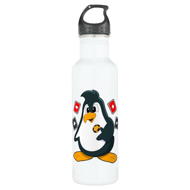 Bouteille D'eau Pingouin au Poker avec cartes de Poker (Devant)