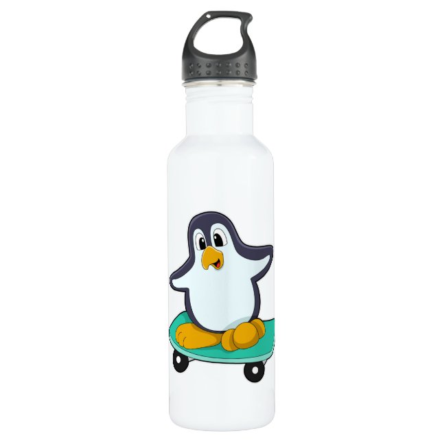 Bouteille D'eau Pingouin comme patineur sur skateboard (Devant)