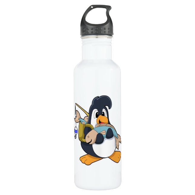 Bouteille D'eau Pingouin comme pêcheur avec poisson (Devant)