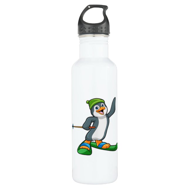 Bouteille D'eau Pingouin comme skieur avec ski et Casquette (Devant)