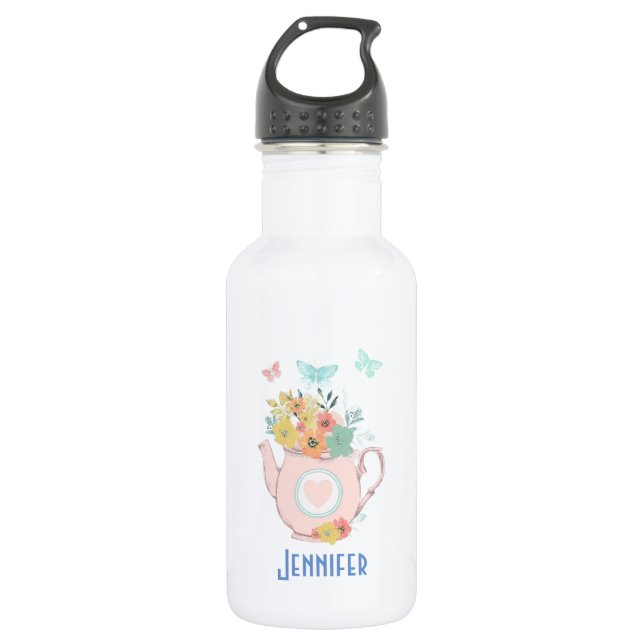 Bouteille D'eau Pink Teapot with Flowers & Butterflies (Devant)