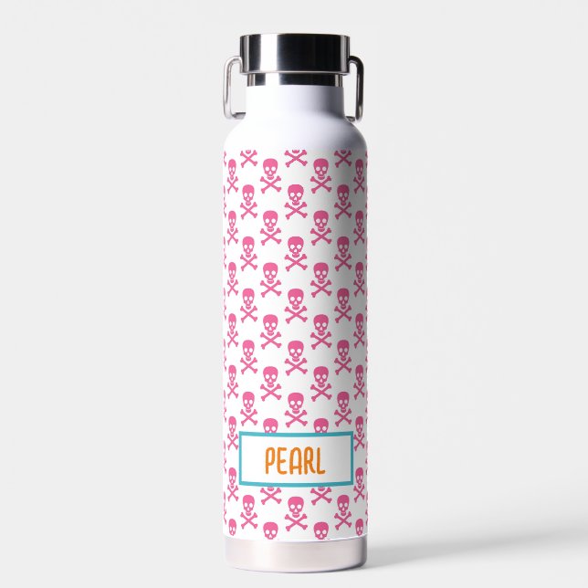 Bouteille D'eau Pirate rose Crossbones NOM Anniversaire Enfants Am (Avant)