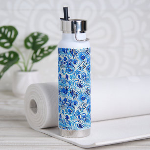 Bouteille D'eau Plumes de paon bleu blanc