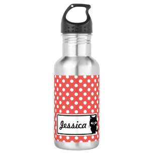 Bouteille D'eau Point de polka rouge et chat noir personnalisés