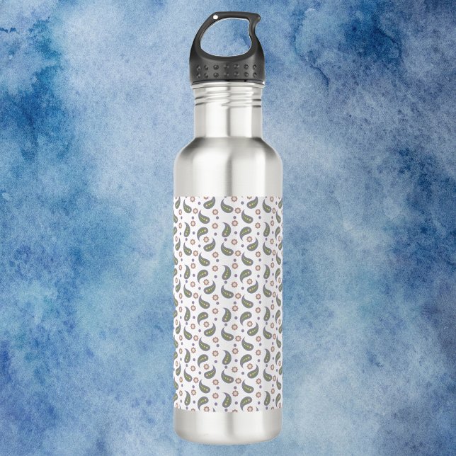 Bouteille D'eau Points Fleurs Paisley Vert rose violet Motif (A water bottle with a paisley pattern done in pink, green, blue & purple.)