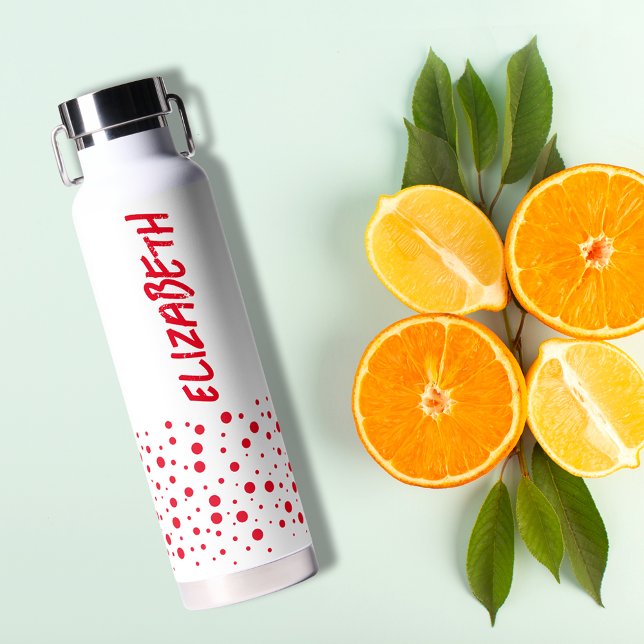 Bouteille D'eau Pois modernes rouges et blancs (Red dots on white water bottle personalized with your name)