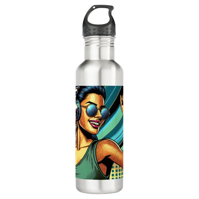 Bouteille D'eau Pop Art Woman dans les casques danser (Devant)