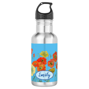 Bouteille D'eau Poppies d'Orange Fleurs florales Pastel Blue
