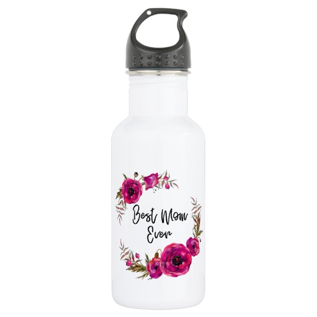 Bouteille D'eau Poppies florales rose Fuchsia Wreath Meilleure mam (Devant)