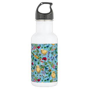 Bouteille D'eau Poulets et fleurs sauvages sur le bleu bébé