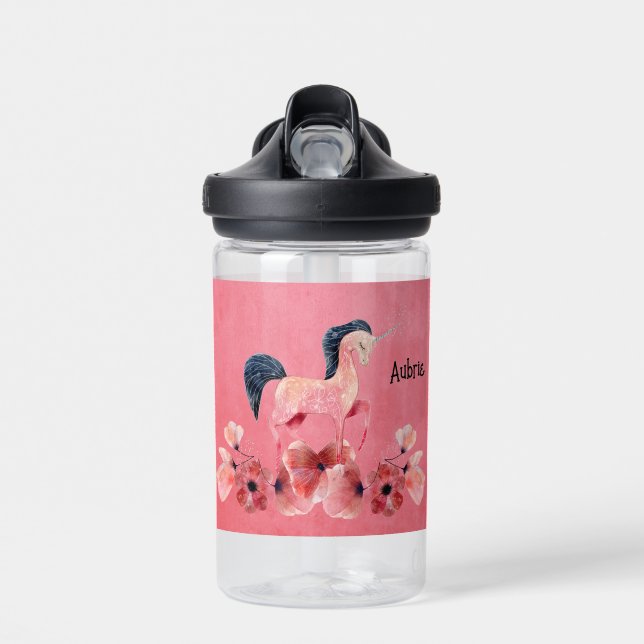 Bouteille d'eau pour enfants rose avec licorne et  (Avant)