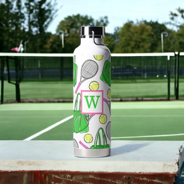 Bouteille D'eau Préppy Green Pink Tennis Racquet Balls Initiale (Créateur téléchargé)